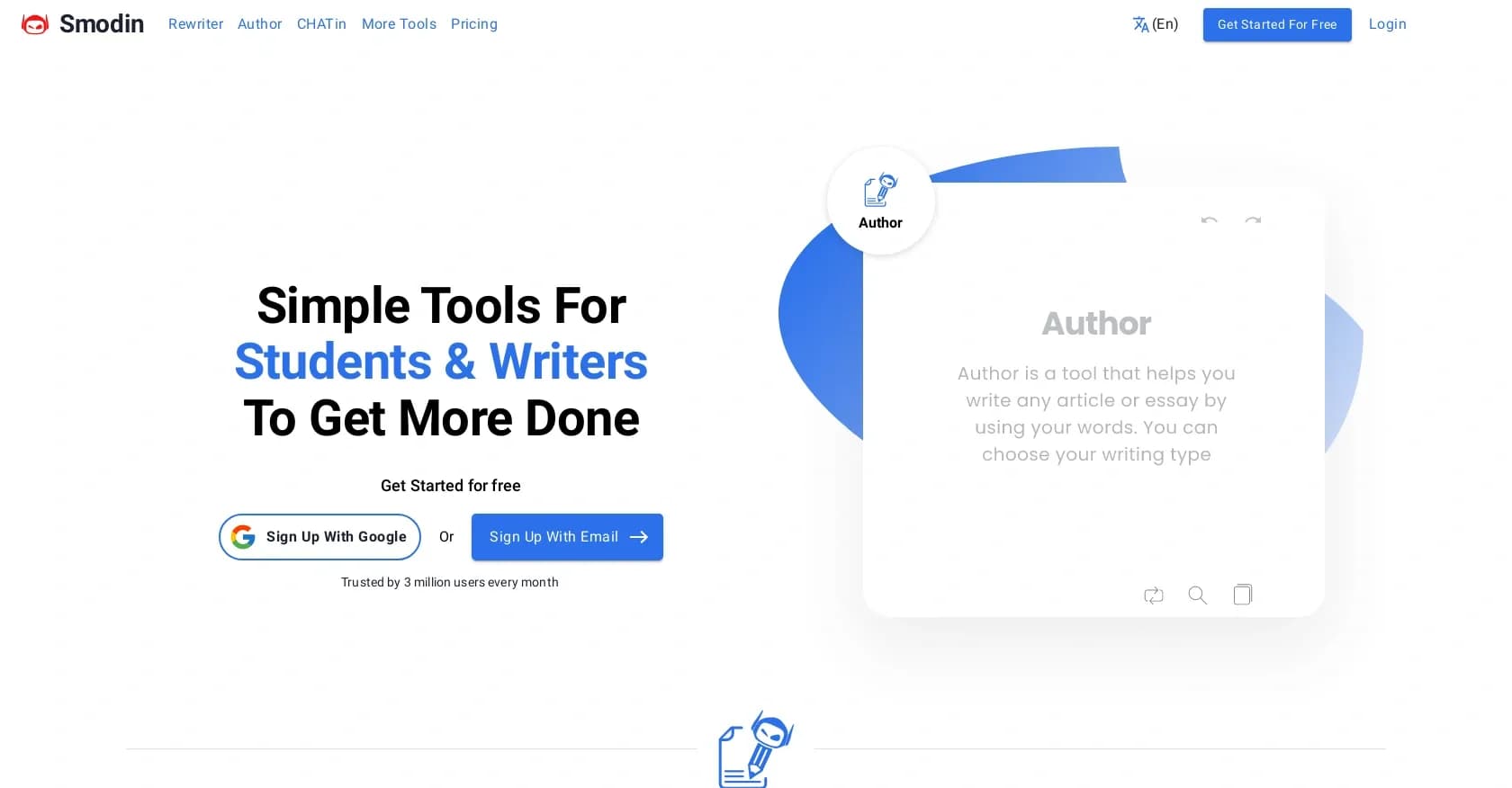 Smodin homepage screenshot — Enhance your writing with multi-lingual tools.