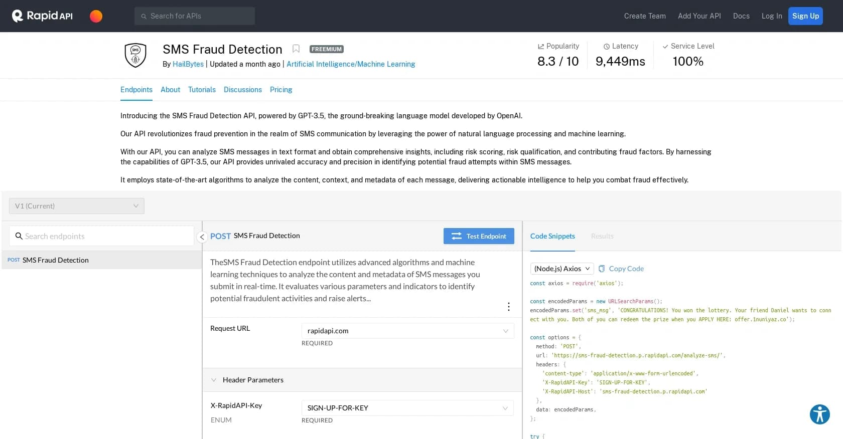 SMS Fraud Detection homepage screenshot — Detect SMS fraud with AI-powered language analysis.