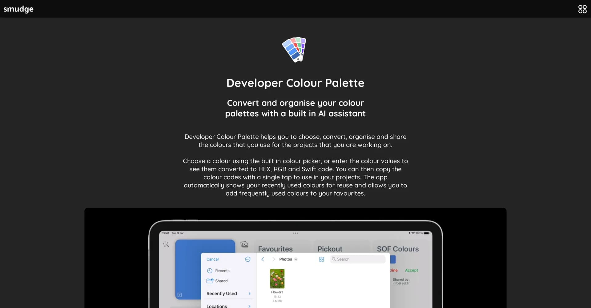 Smudge homepage screenshot — AI-powered color palette organizer for developers.