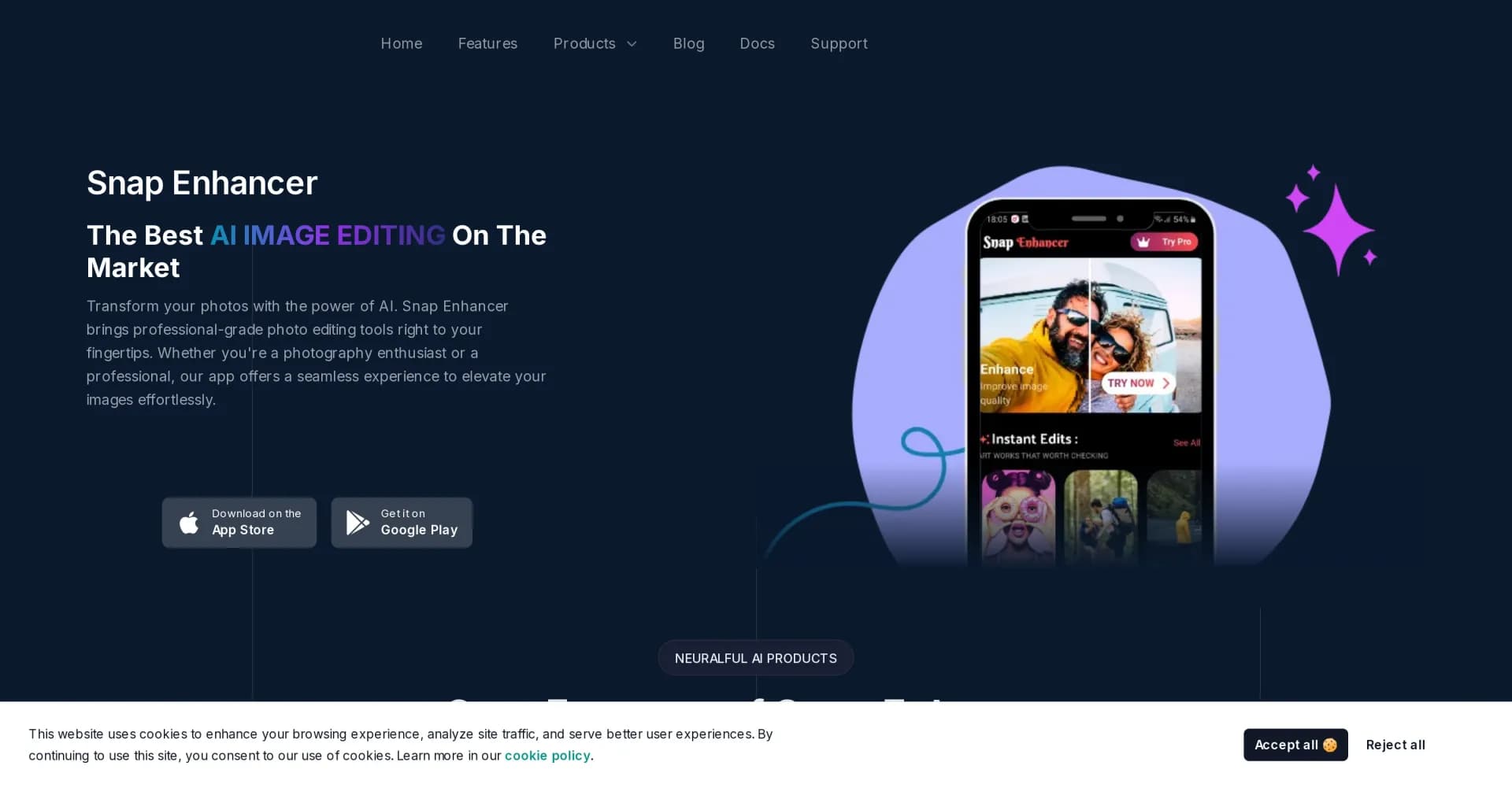Snap Enhancer homepage screenshot — AI-powered photo transformation for stunning portraits.