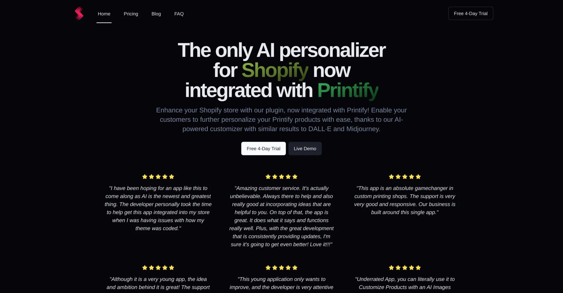 SnapArt homepage screenshot — AI-powered product customization for Shopify stores.