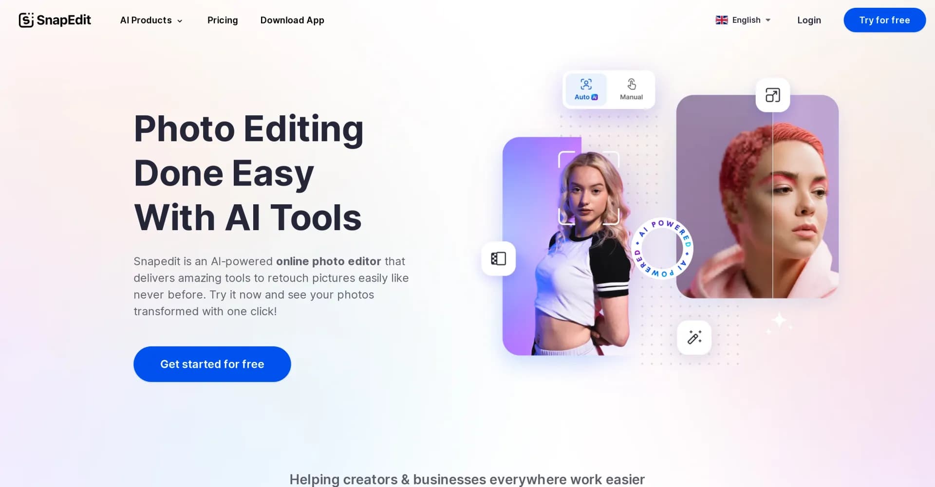 SnapEdit homepage screenshot — AI-powered photo editing made easy.