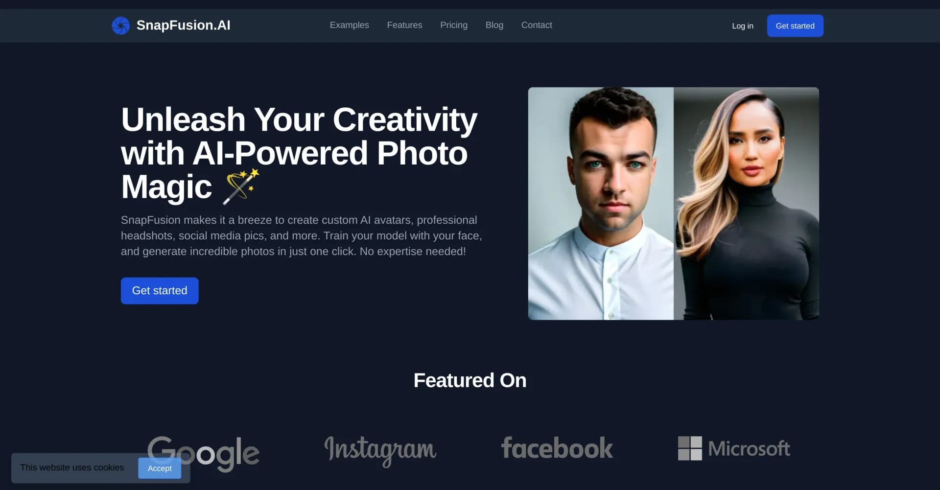 SnapFusion homepage screenshot — Create AI-powered photos in one click