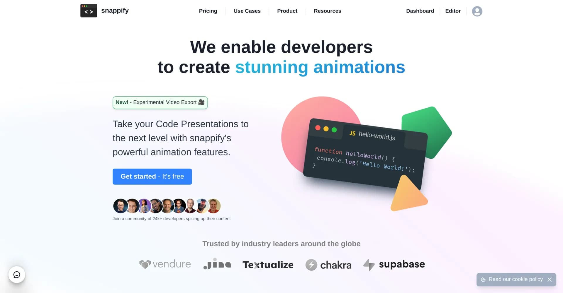 Snappify homepage screenshot — Create stunning code presentations and videos