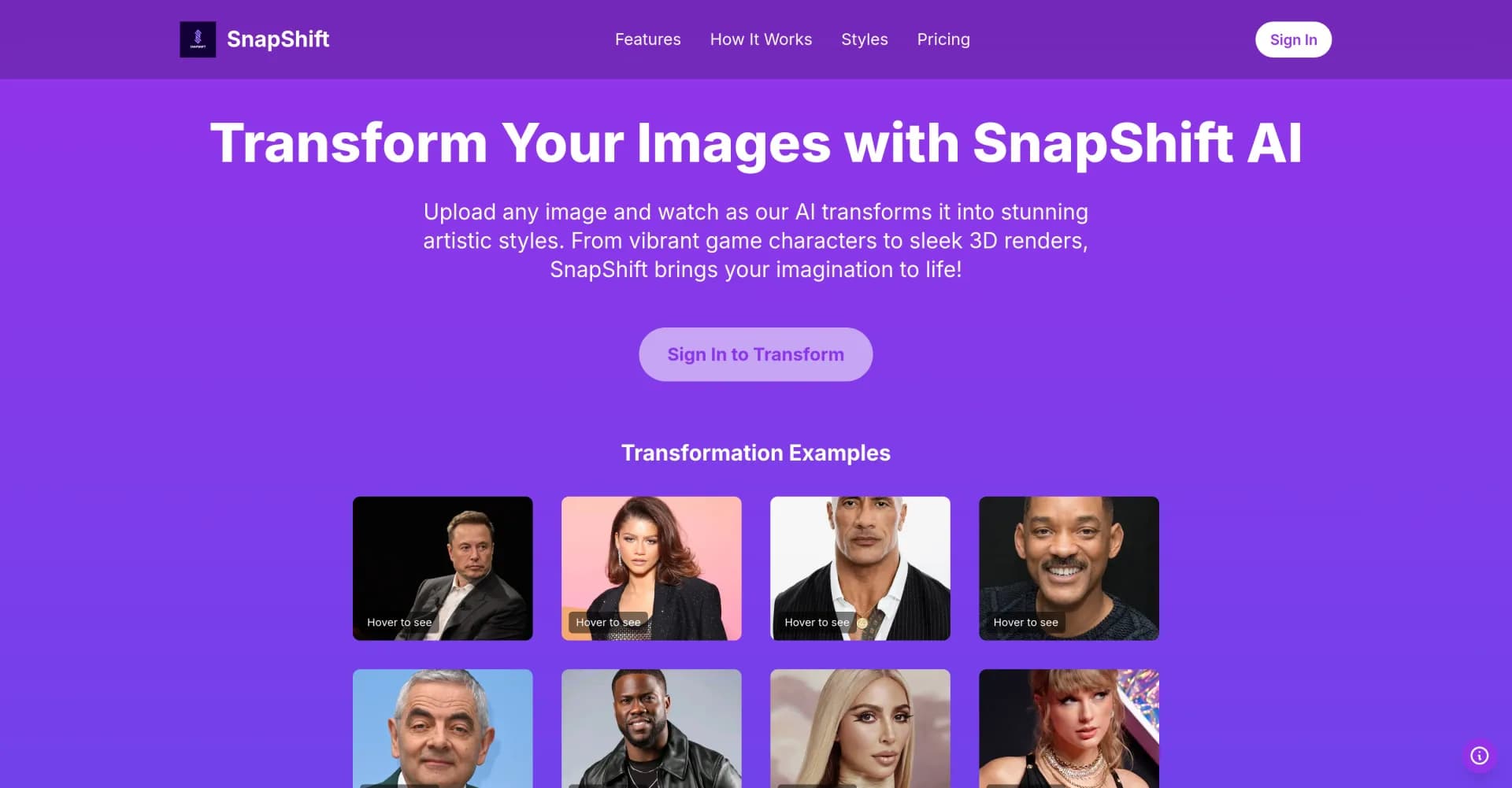 SnapShift homepage screenshot — Transform your face into different styles using AI