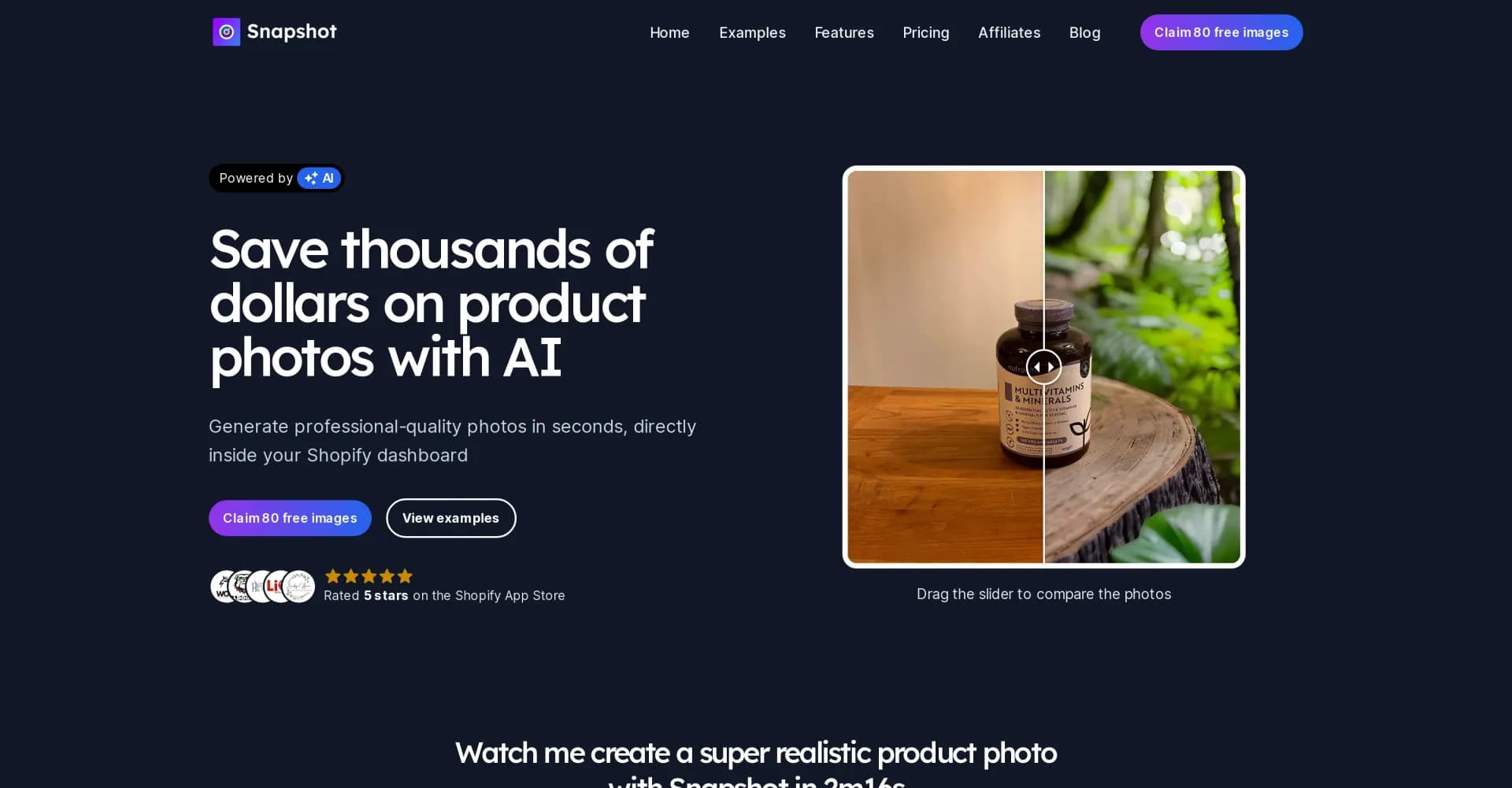 Snapshot homepage screenshot — Create stunning product photos in seconds with AI