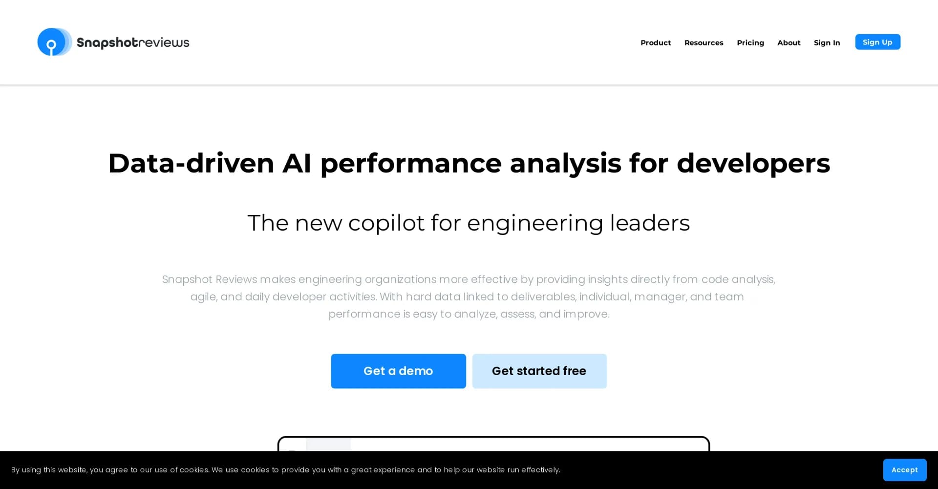 Snapshot Reviews homepage screenshot — Elevate team performance with data-driven project management