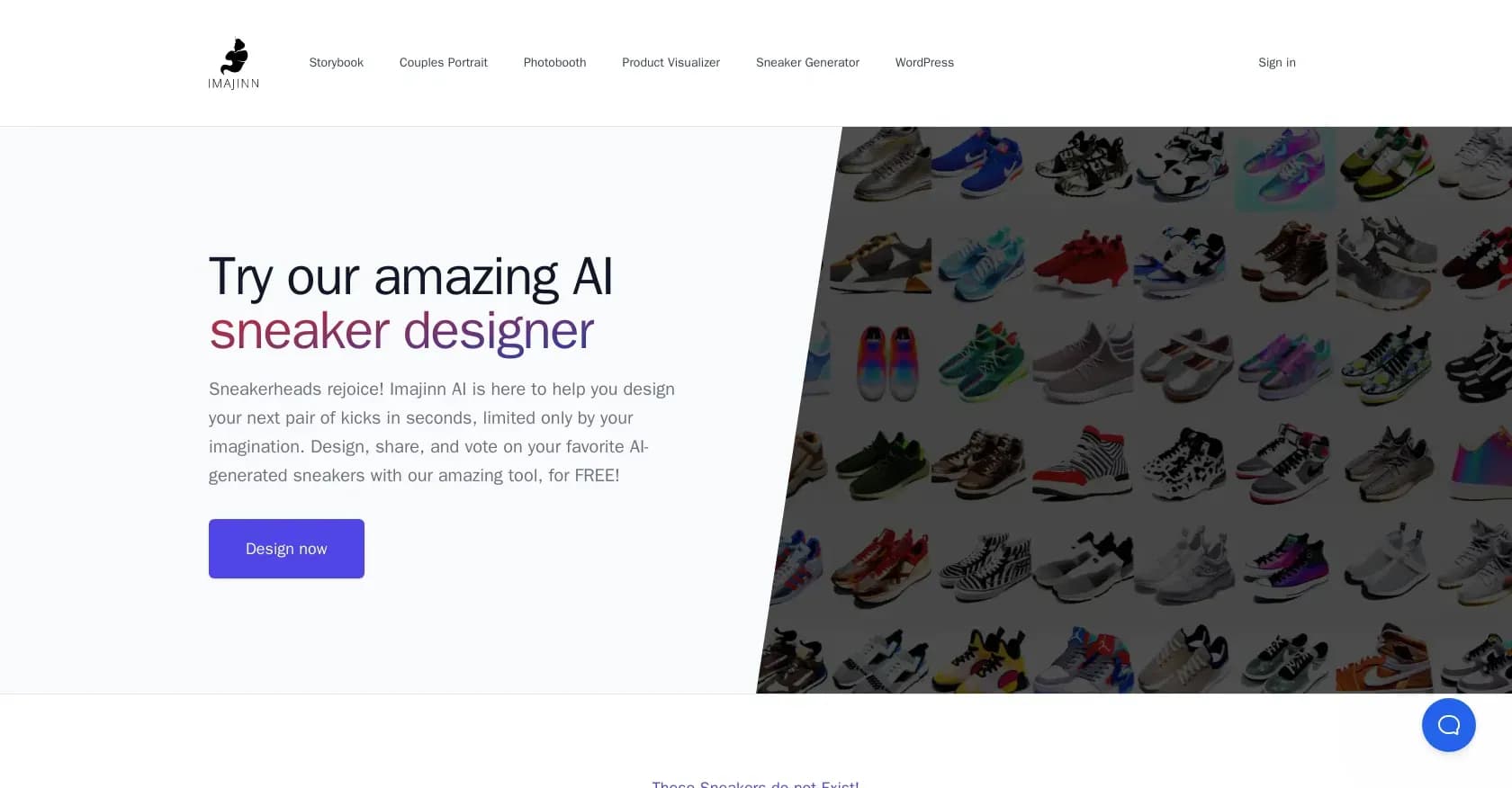 Sneaker Design by Imajinn homepage screenshot — Design custom AI-generated sneakers in seconds.