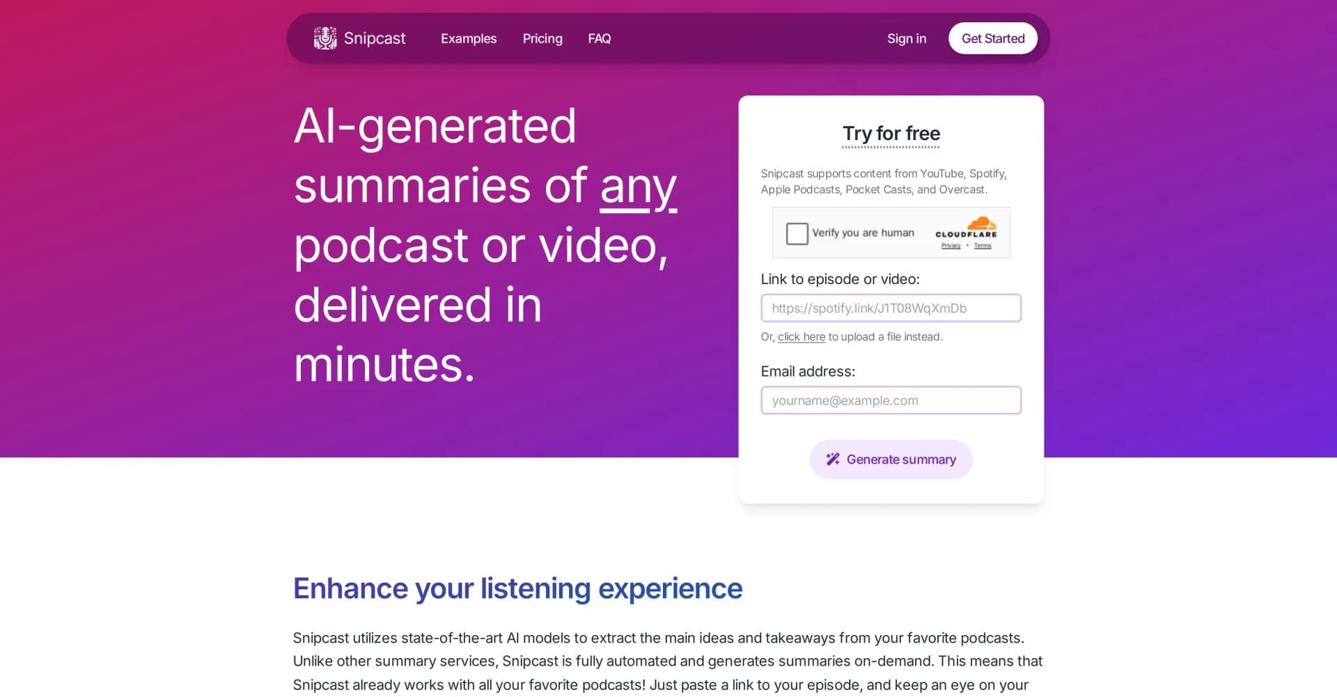 Snipcast homepage screenshot — AI-generated podcast summaries delivered to your inbox.