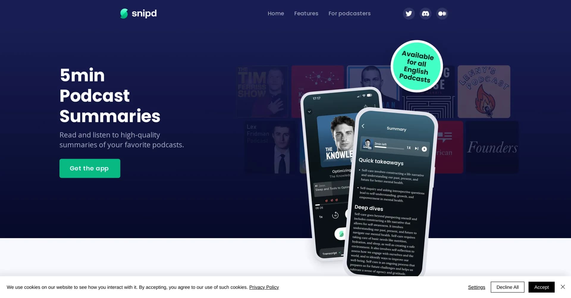Snipd homepage screenshot — 5-minute AI summaries of your favorite podcasts