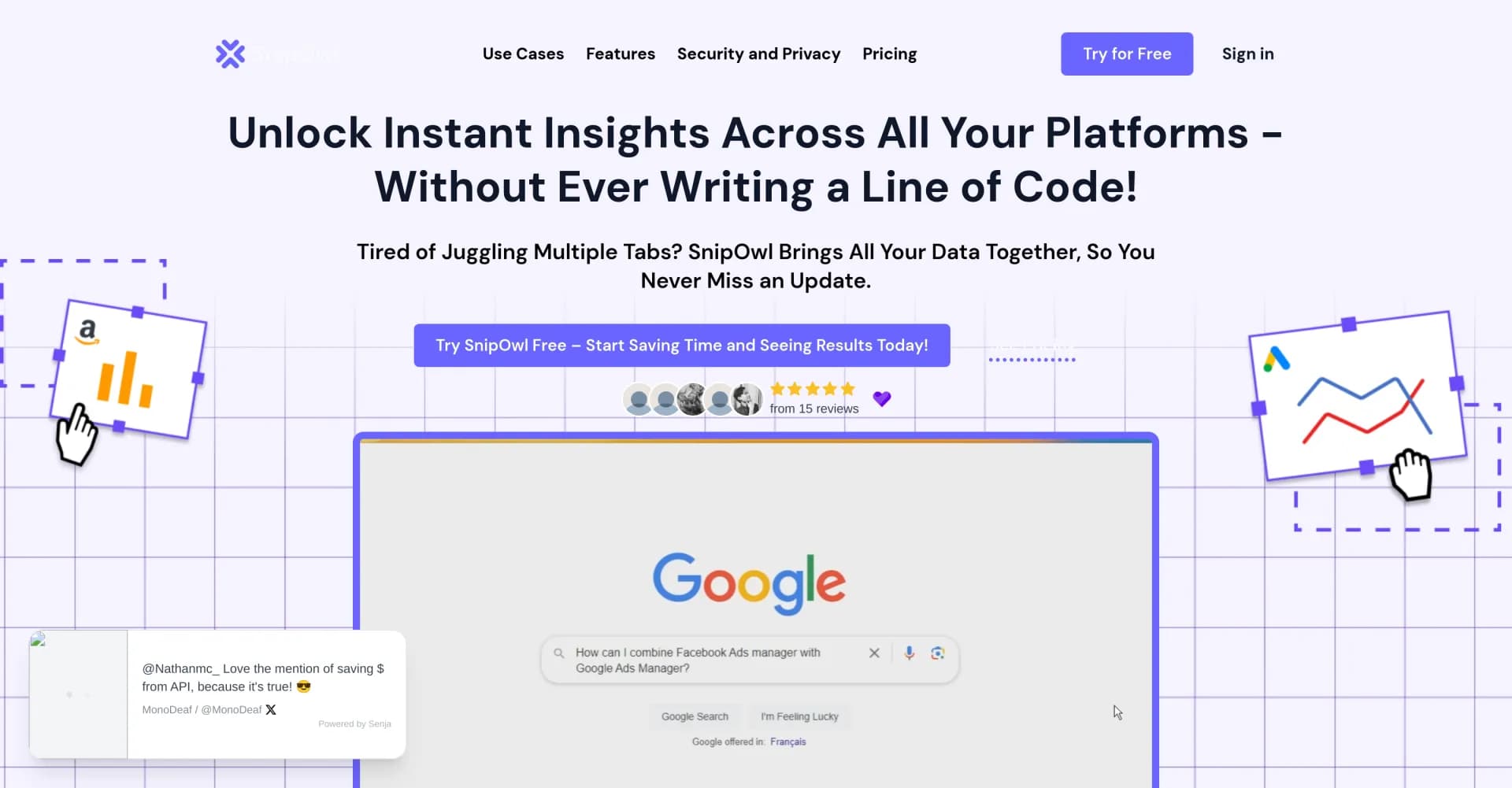 SnipOwl homepage screenshot — Create live dashboards from snapshots, no coding required.
