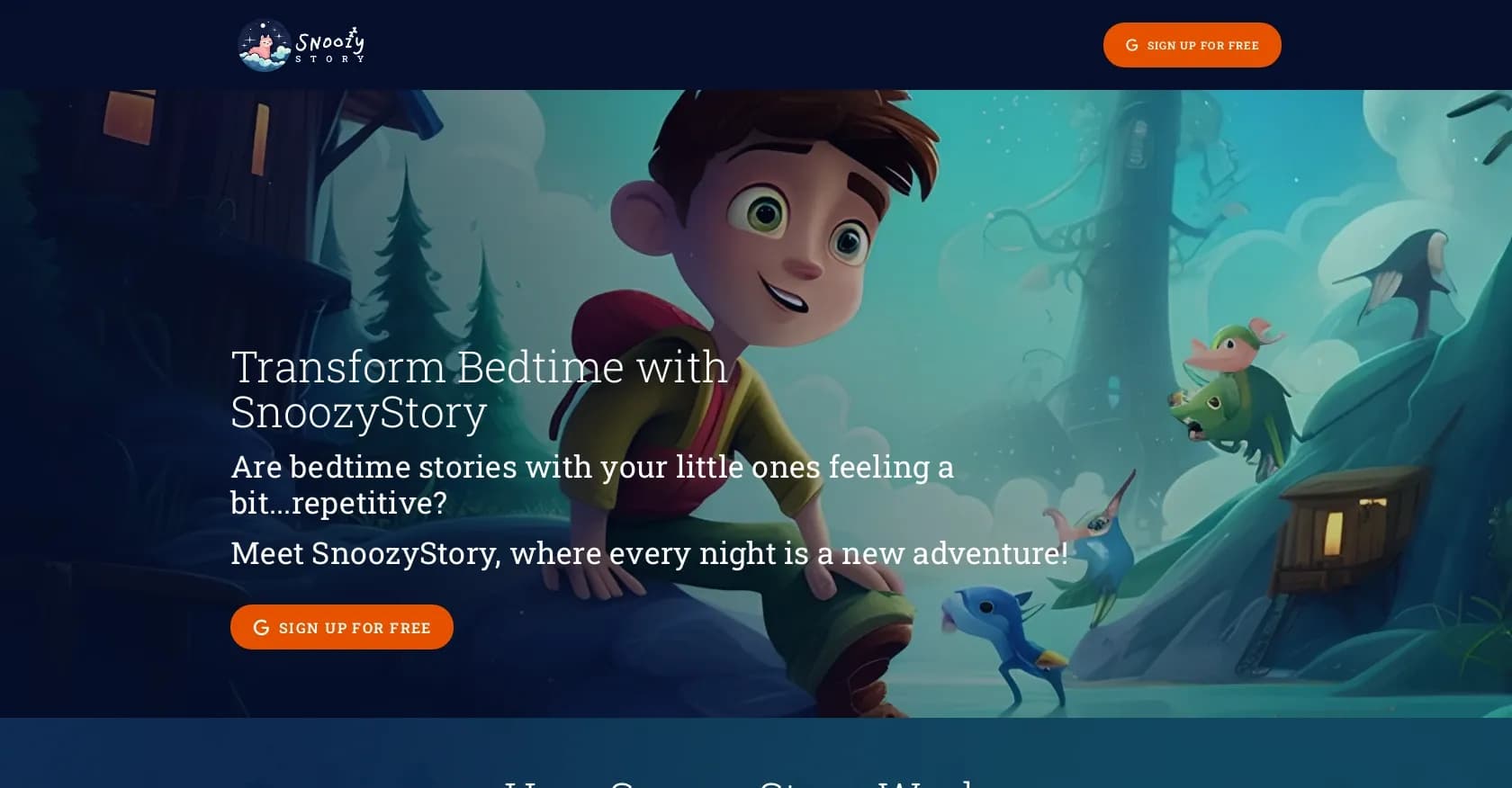 SnoozyStory homepage screenshot — Dad's secret weapon for bedtime stories