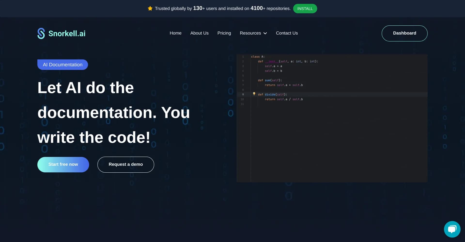 Snorkell homepage screenshot — Let AI do the documentation. You write the code!