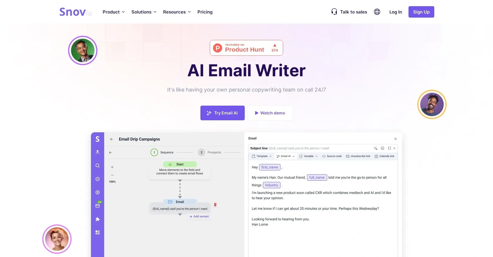 Snov Email Writer homepage screenshot — Generate engaging emails with AI