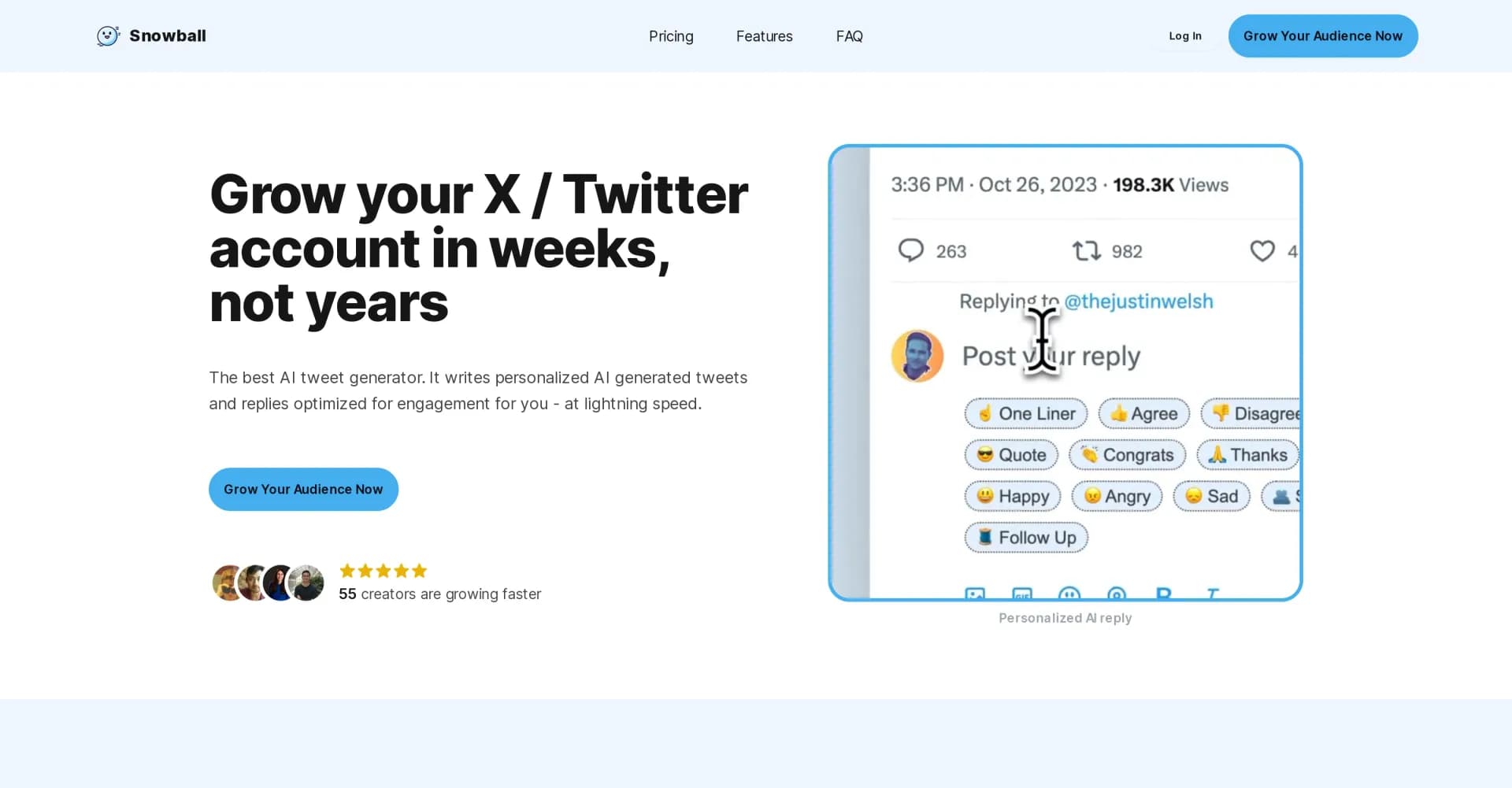 Snowball Club homepage screenshot — AI-powered tweets for rapid Twitter growth