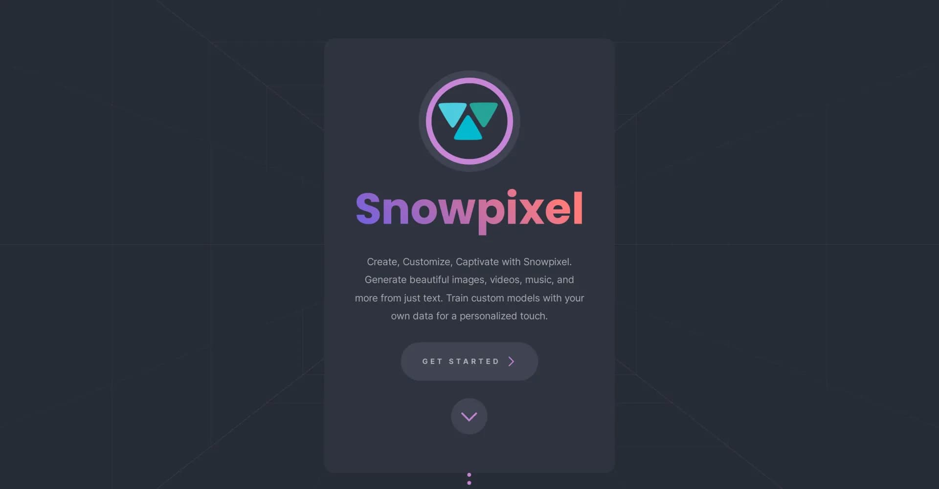 Snowpixel homepage screenshot — Generate media from text, customize with your data