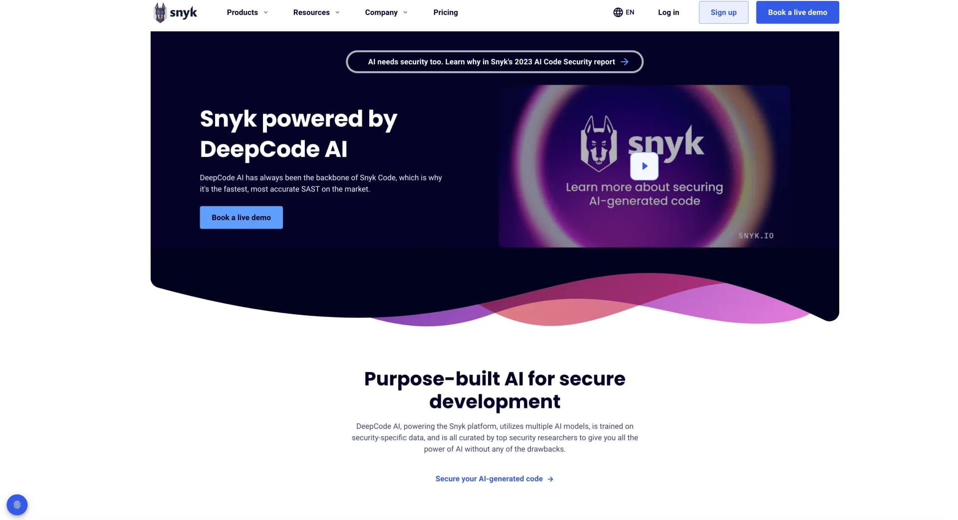 Snyk homepage screenshot — Developer-first security in action