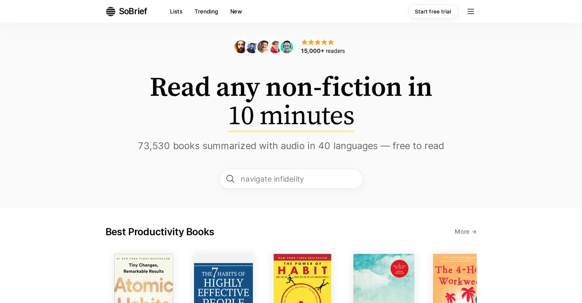 SoBrief homepage screenshot — 73,530 free book summaries in 40 languages (with paid audio)