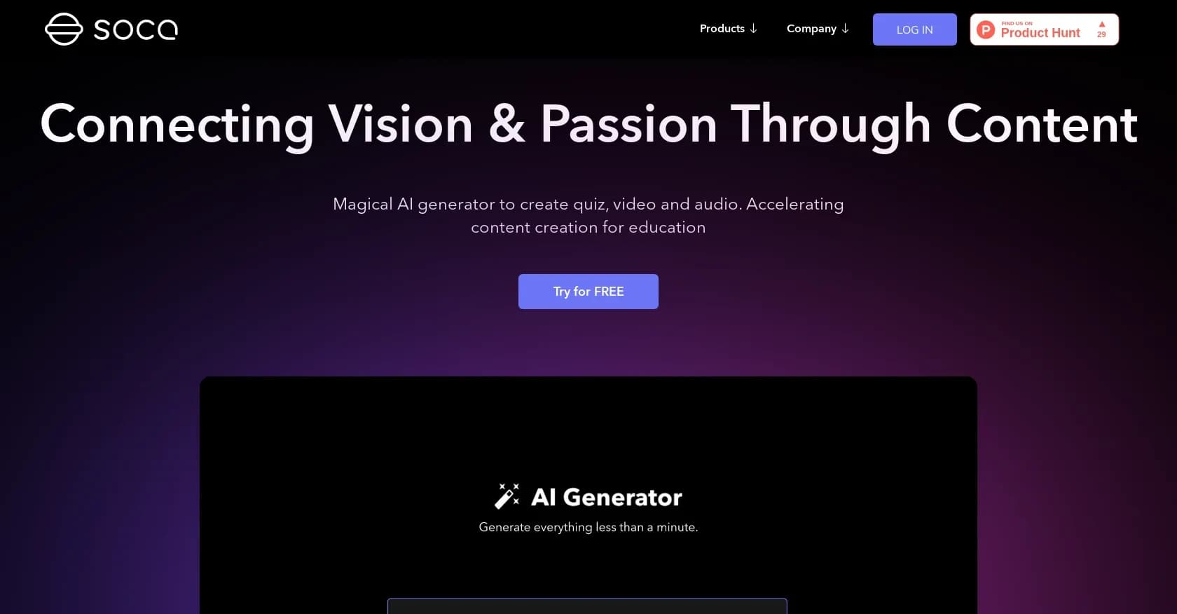 Soca AI homepage screenshot — Instant AI-powered quiz and course creation.