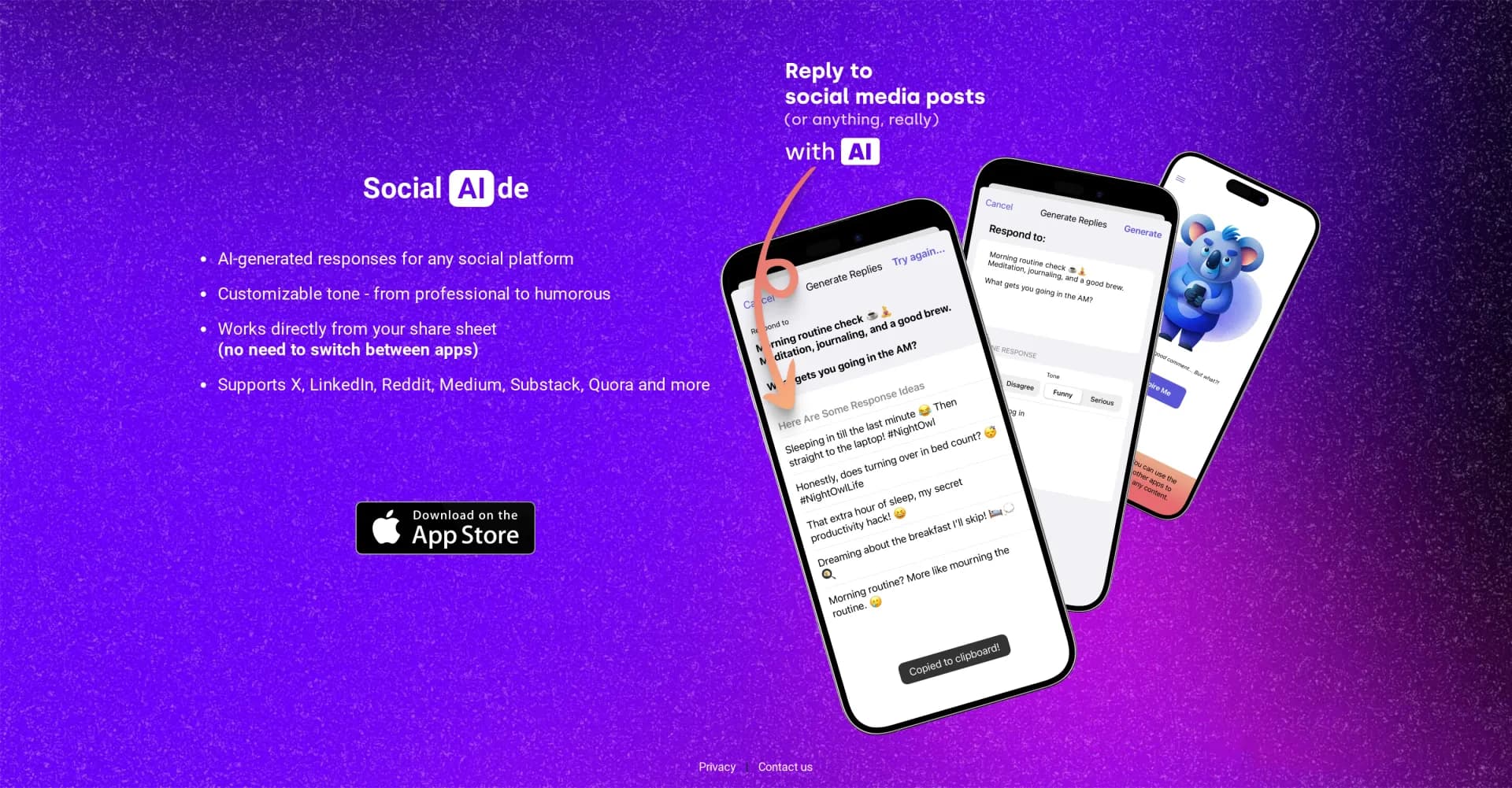 Social AIde homepage screenshot — AI-powered assistant for engaging social media responses
