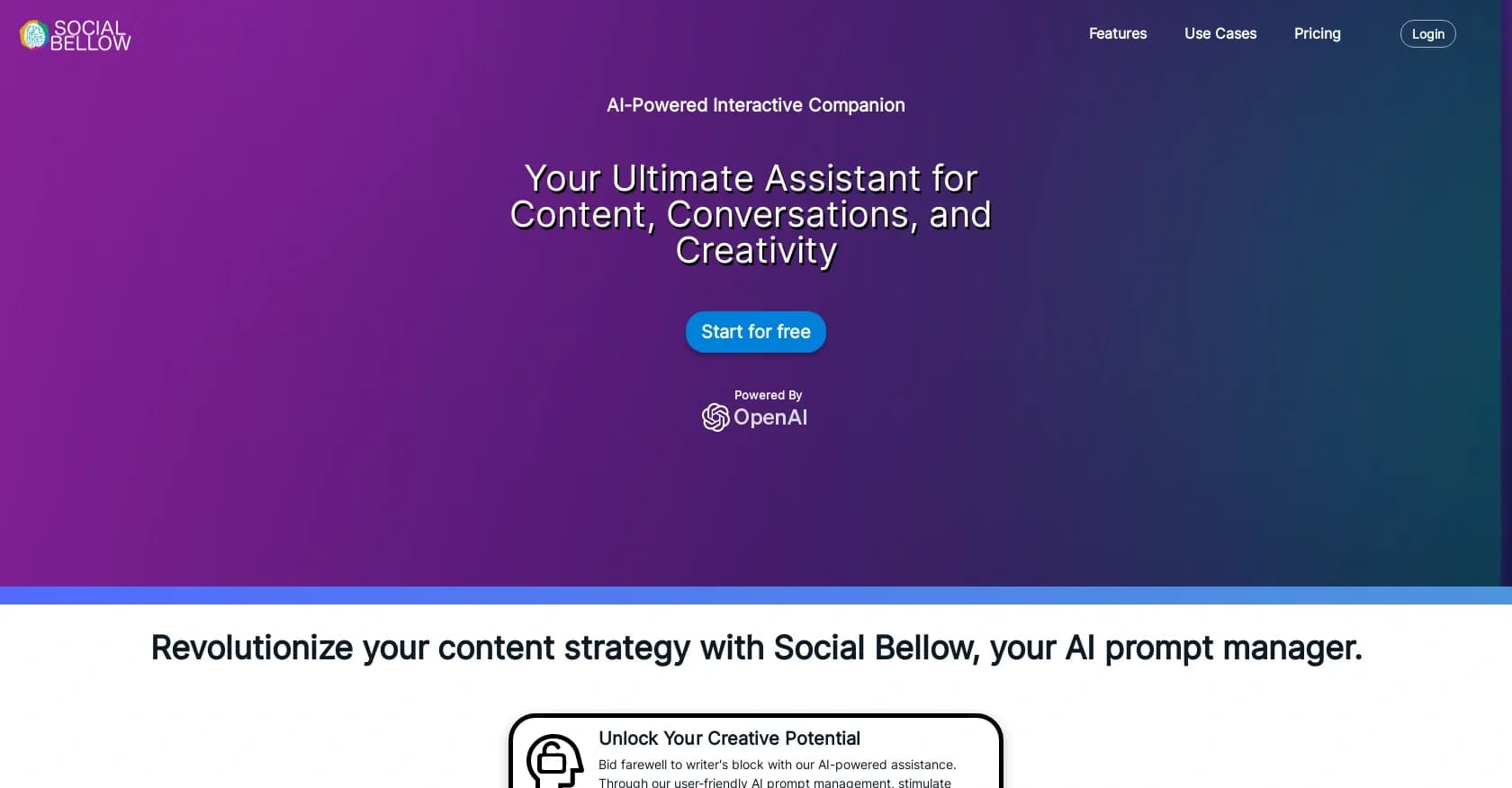 Social Bellow homepage screenshot — AI-powered content creation for blogs and social media.