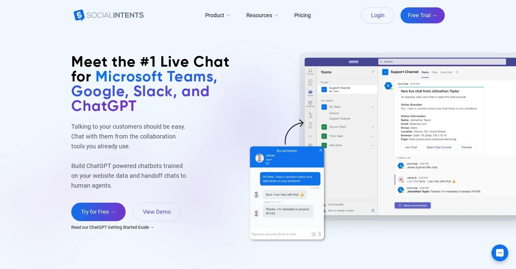 Social Intents homepage screenshot — Real-time support & sales via messaging platforms.
