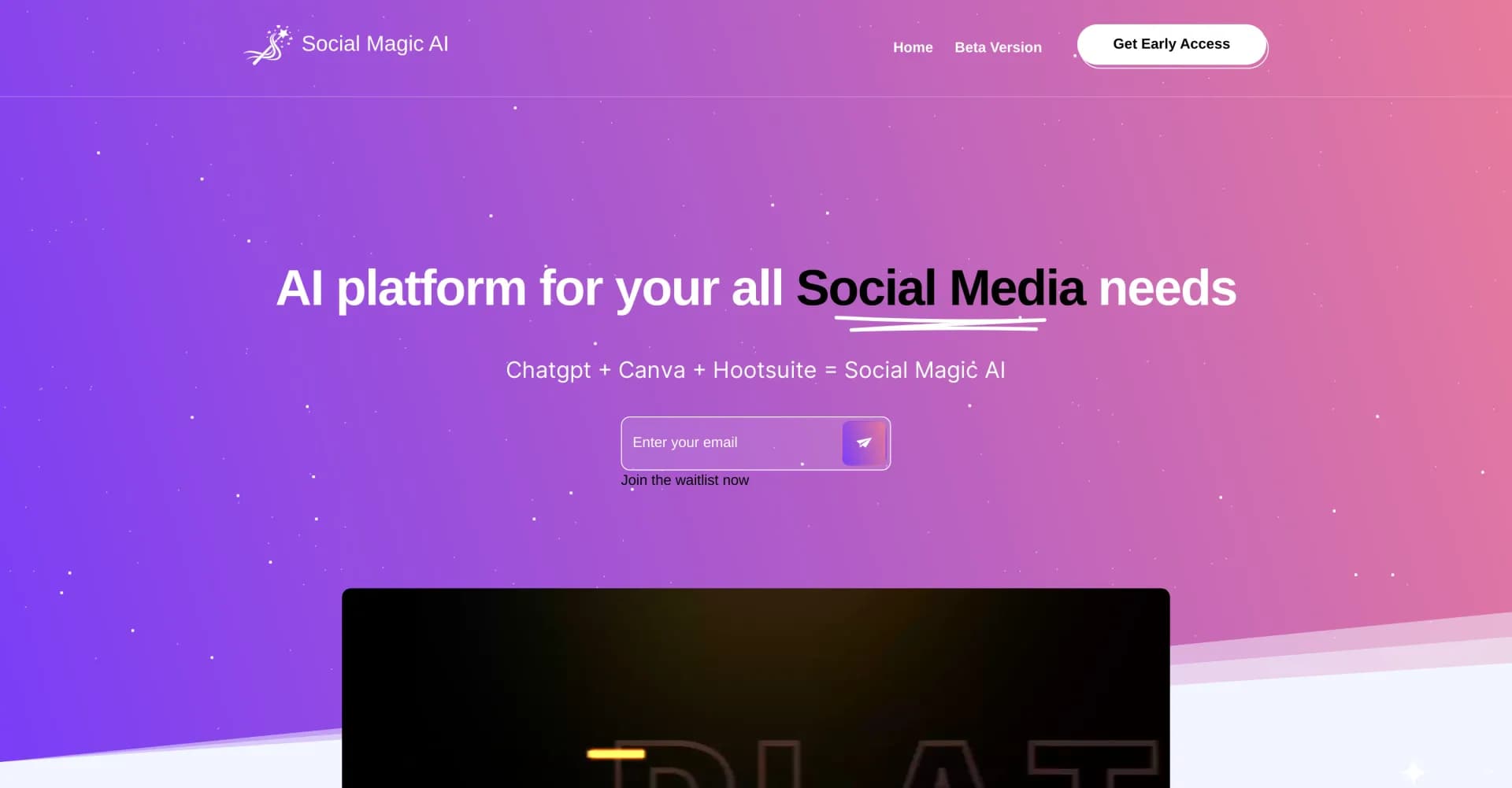 Social Magic homepage screenshot — AI-powered social media success in one platform