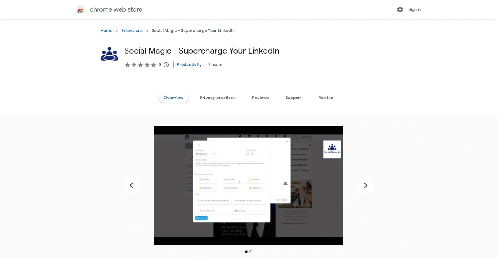 Social Magic homepage screenshot — Enhanced LinkedIn engagement with generated content.