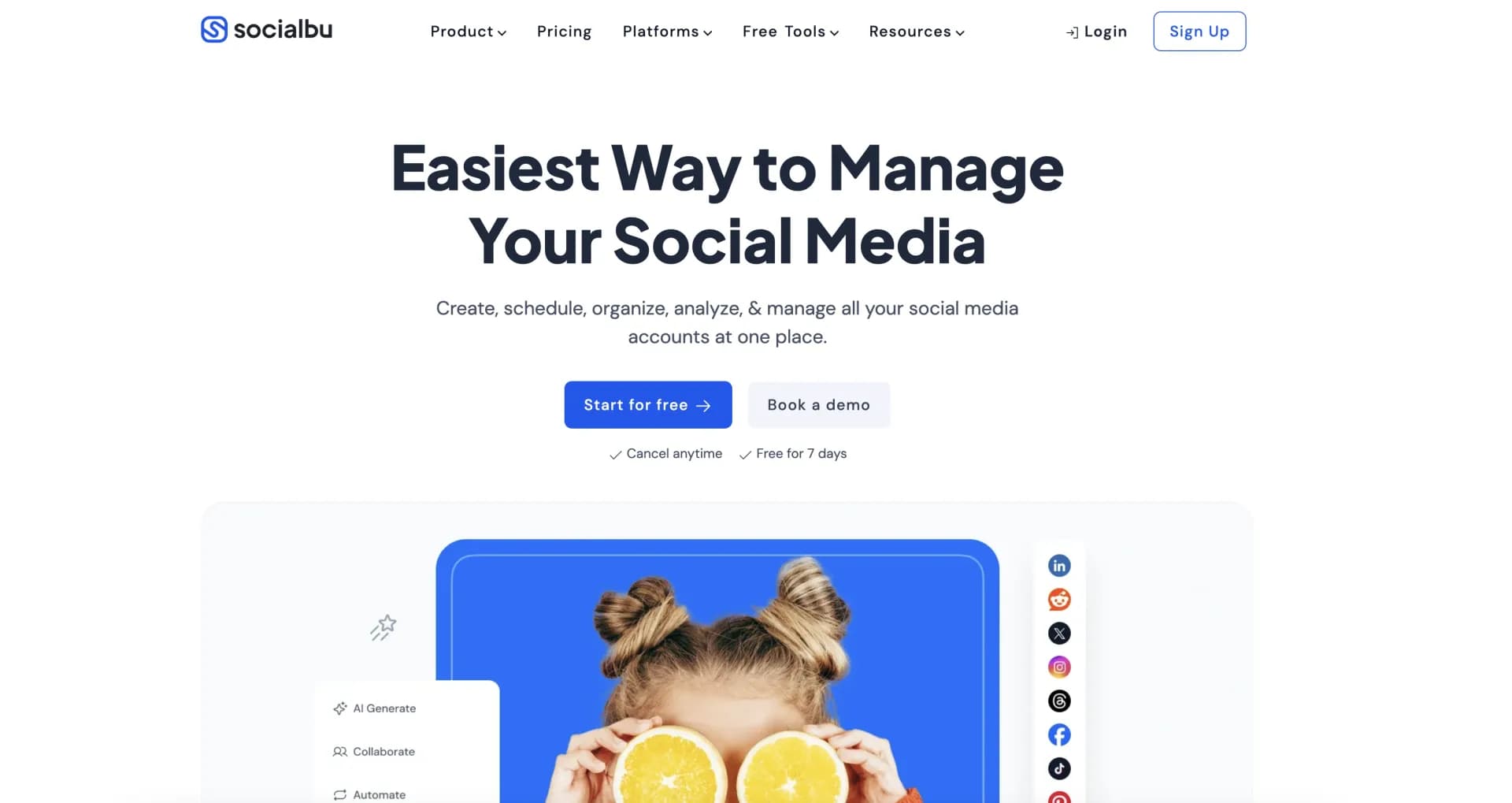SocialBu homepage screenshot — Streamline social media management across platforms