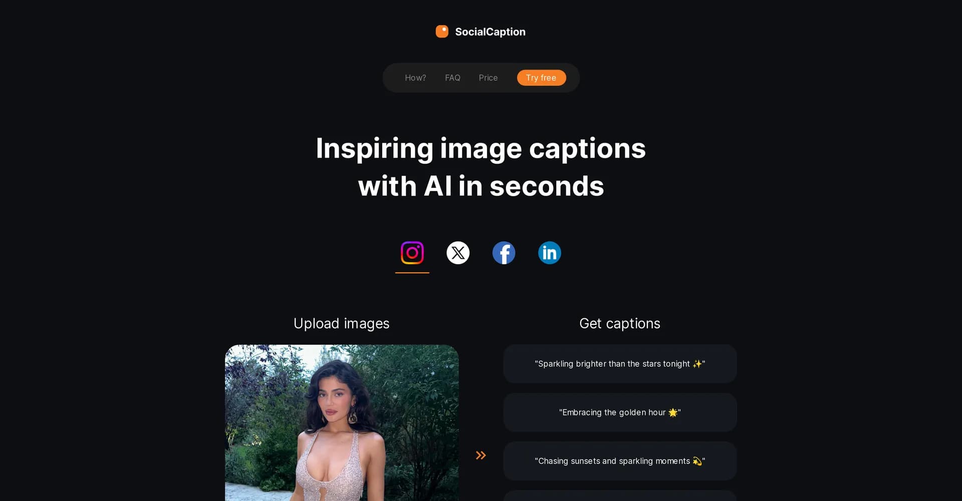 SocialCaption homepage screenshot — Generate inspiring social media captions instantly with AI.