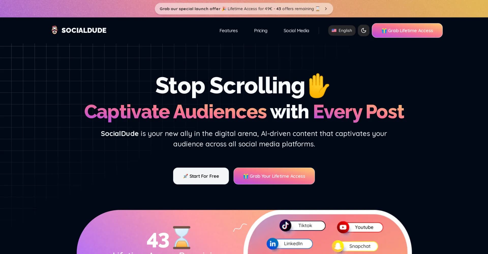 SocialDude homepage screenshot — Elevate your social media game with AI-powered content creat