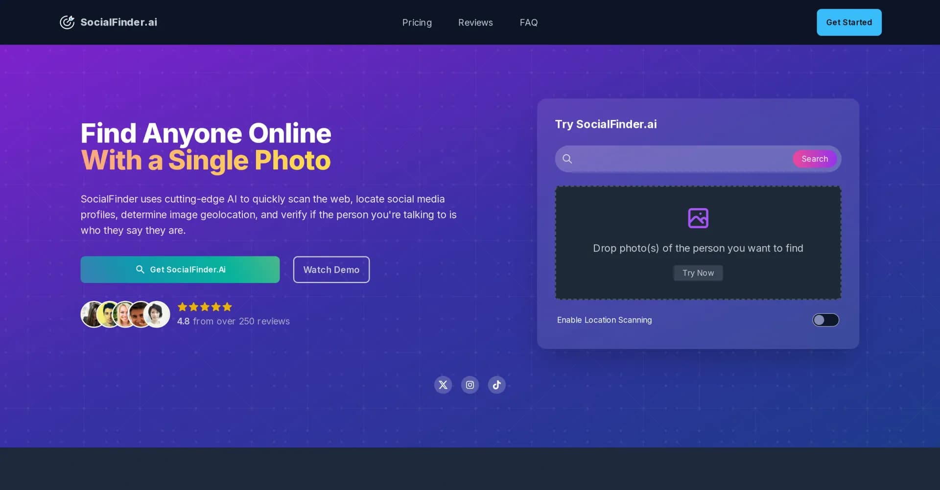 SocialFinder.ai homepage screenshot — Find anyone online with just a photo.