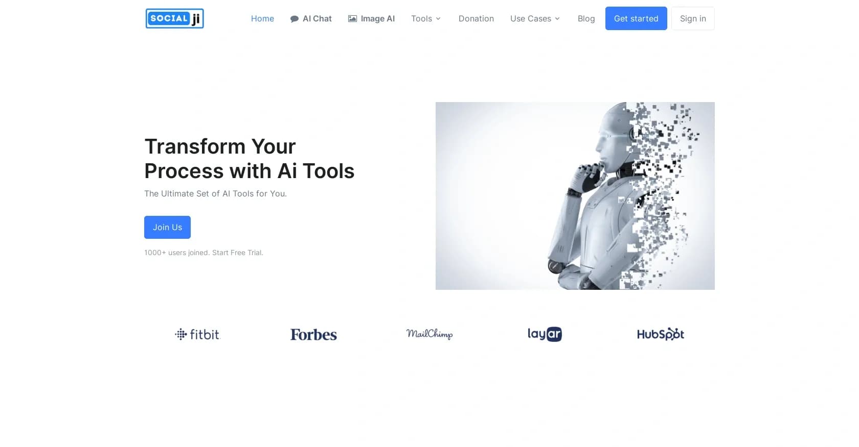 SocialJi homepage screenshot — AI tools for everyone, simplified.