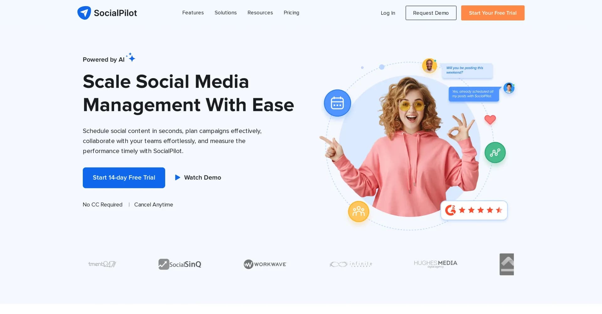 SocialPilot homepage screenshot — Grow your social media presence effortlessly.