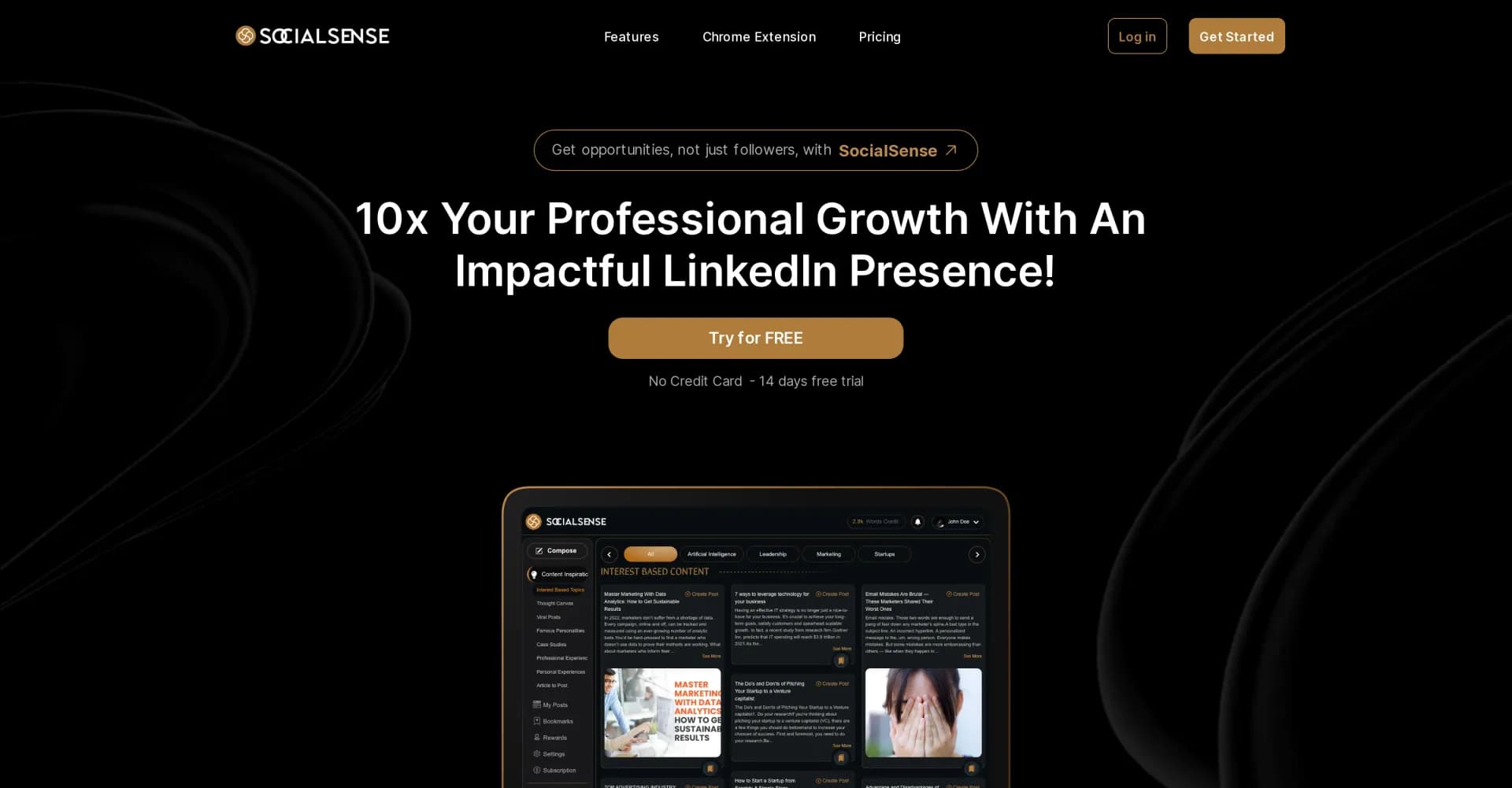 SocialSense homepage screenshot — 10X your professional growth on LinkedIn