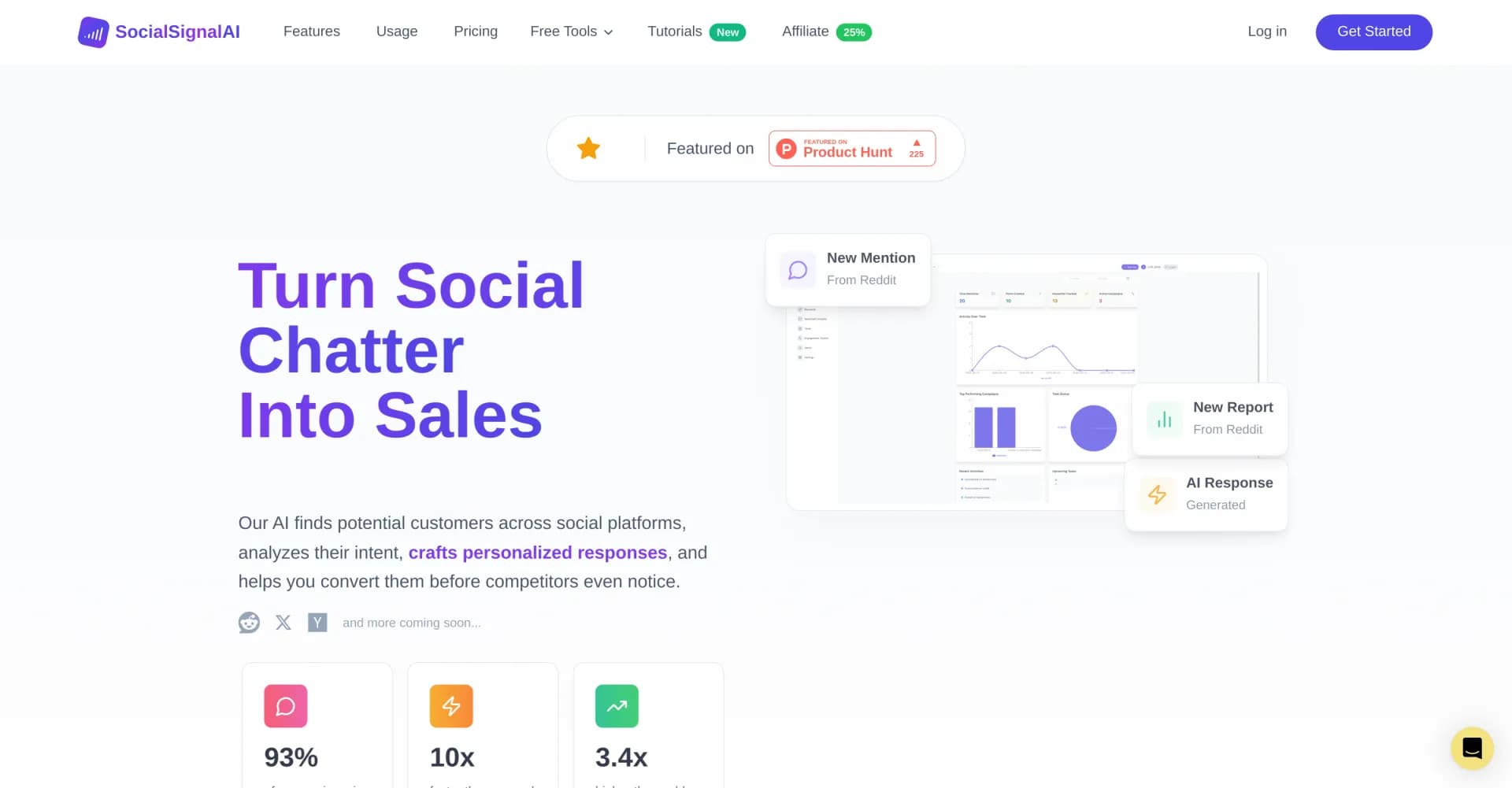 SocialSignal AI homepage screenshot — Engage, reply, find leads, and track social mentions.