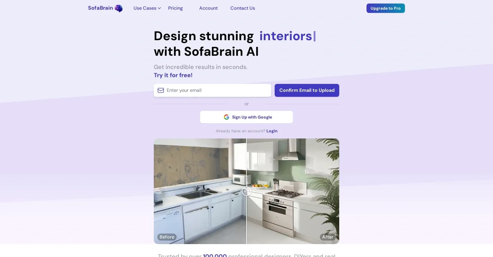 SofaBrain homepage screenshot — Design stunning interiors in seconds with AI.