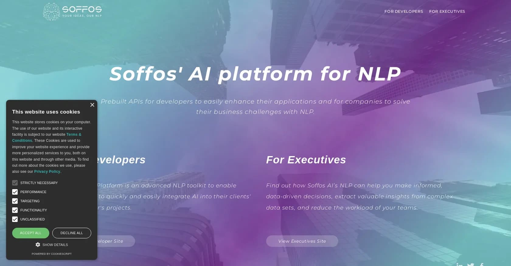 Soffos AI homepage screenshot — Integrated NLP for business applications.