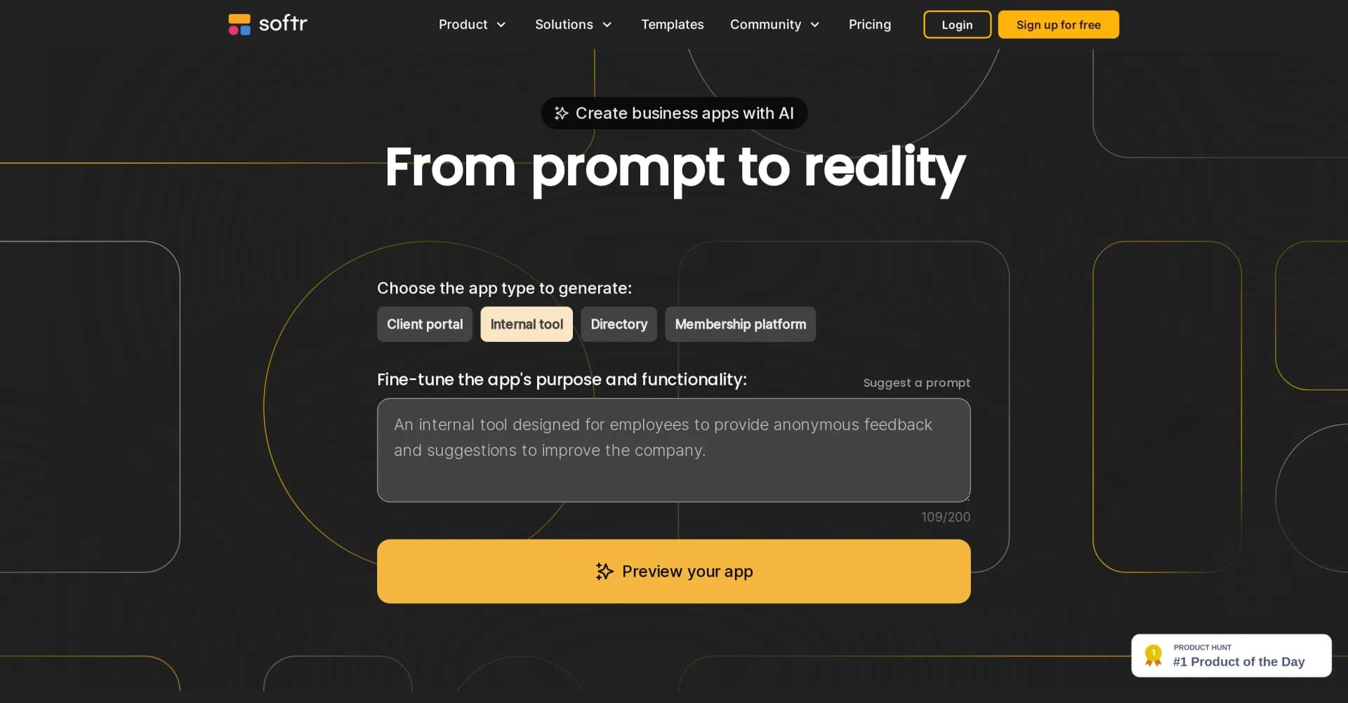 Softr homepage screenshot — Build apps effortlessly with a single prompt!