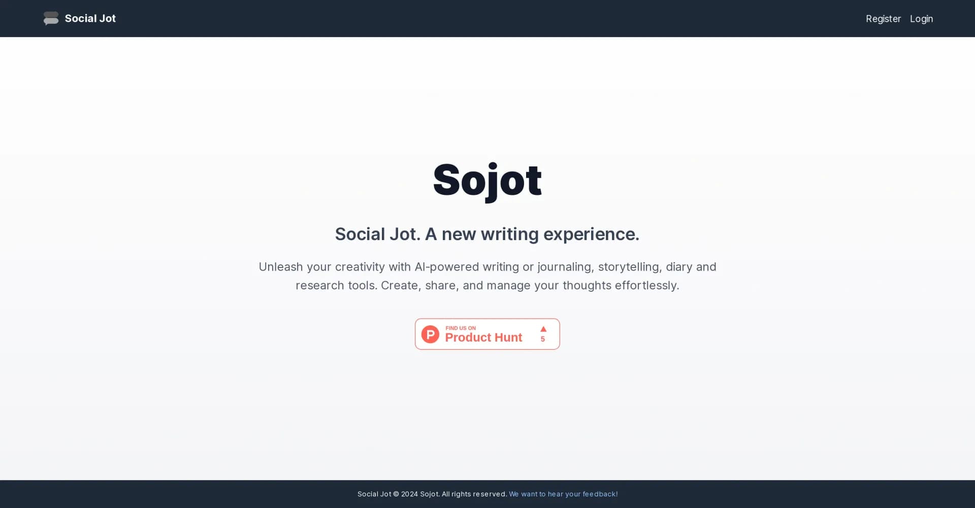 Sojot homepage screenshot — AI-powered writing for seamless creativity.