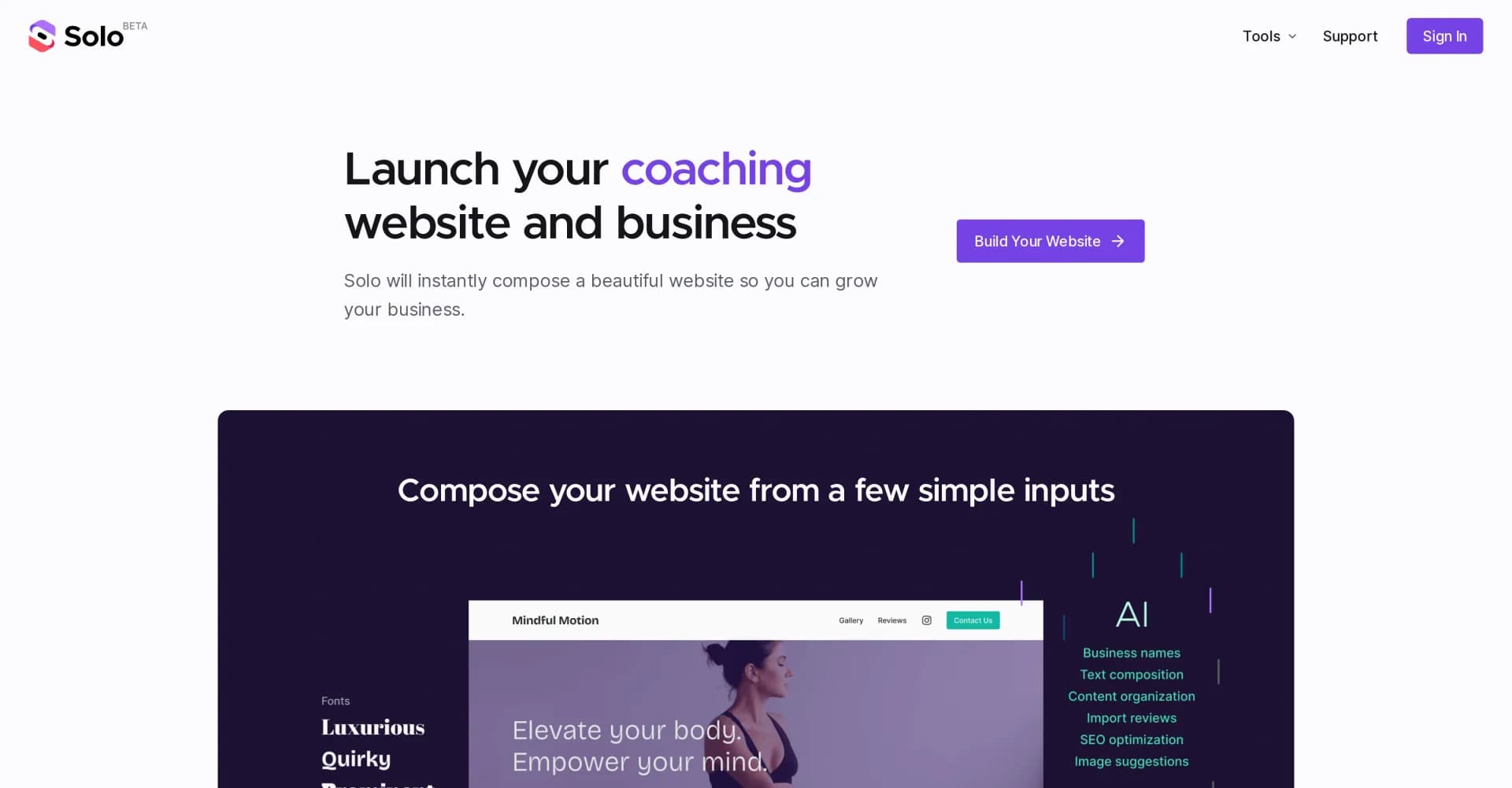 Solo AI homepage screenshot — AI-powered website builder for coaches and businesses.