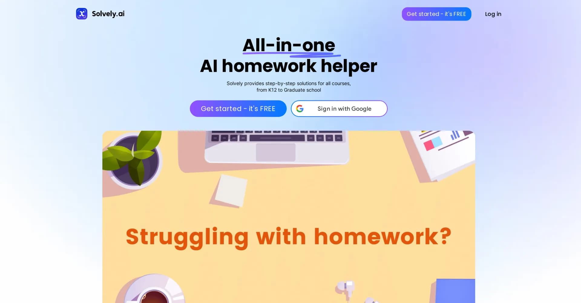 Solvely homepage screenshot — Solve any subject with AI-powered photo analysis