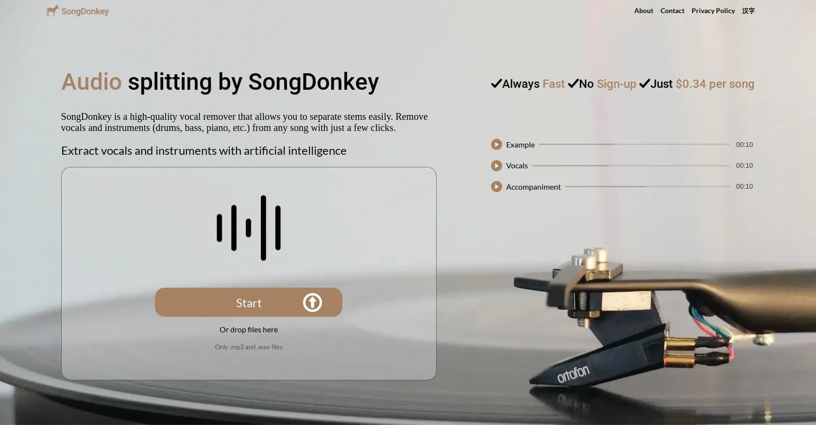 Songdonkey homepage screenshot — AI-powered audio splitting and vocal removal.