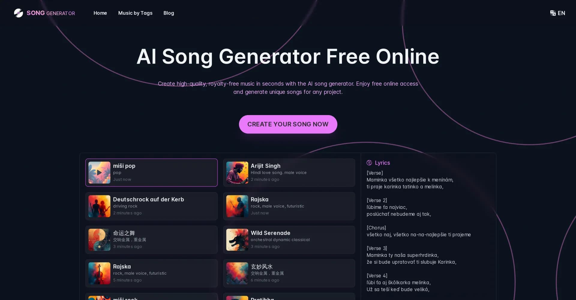 SongGenerator.io homepage screenshot — Transform text into AI-generated music instantly.