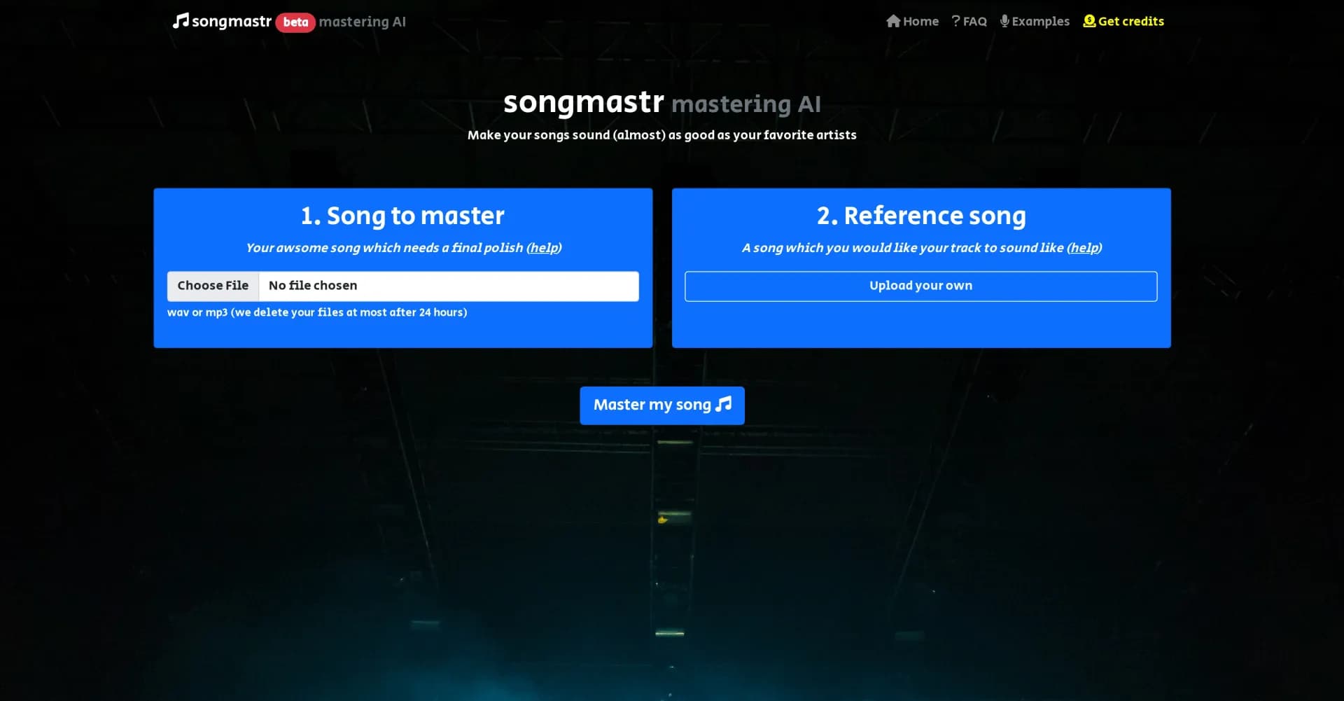 Songmastr homepage screenshot — AI-powered song mastering to match reference tracks