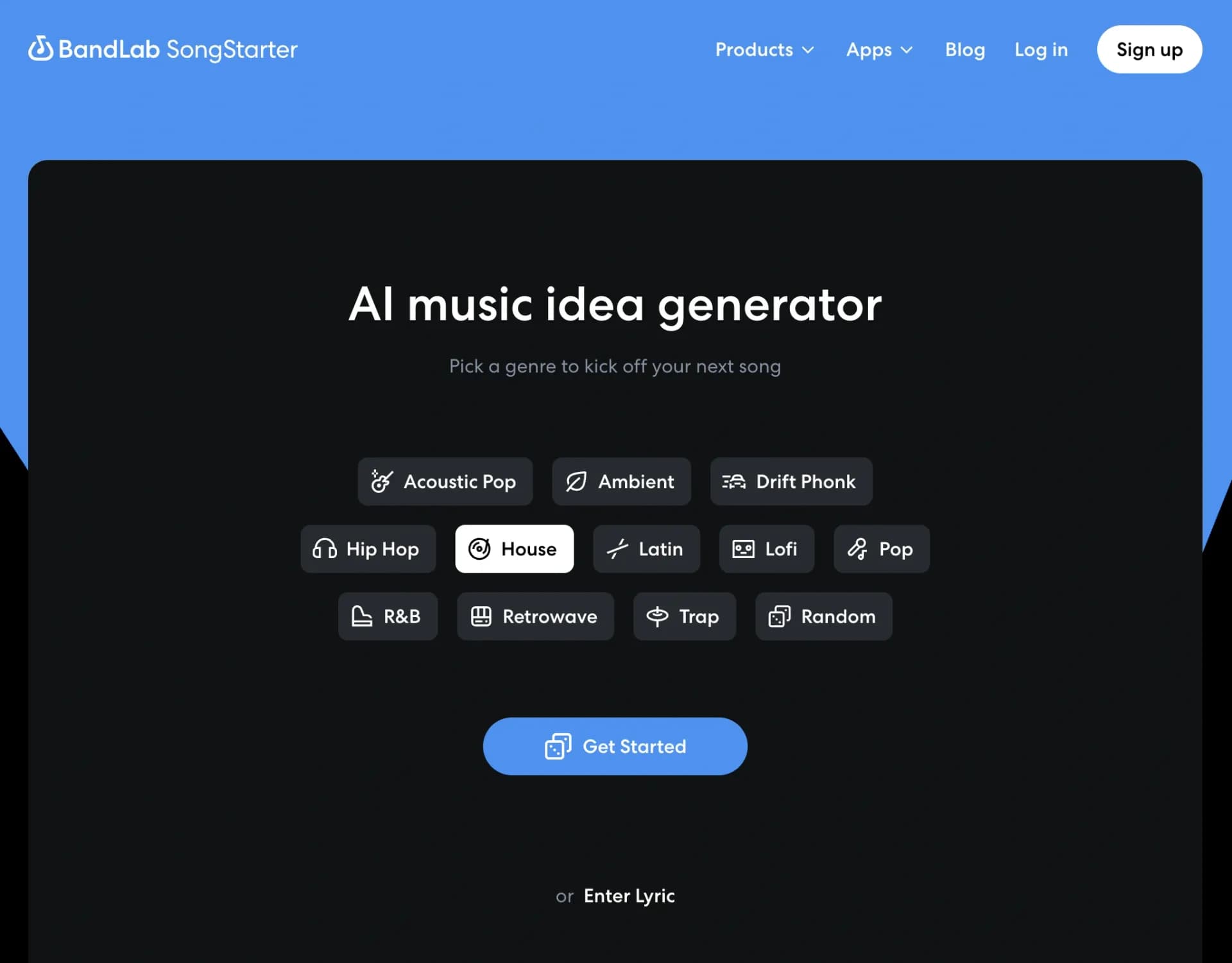 SongStarter by BandLab homepage screenshot — Generate royalty-free music in seconds
