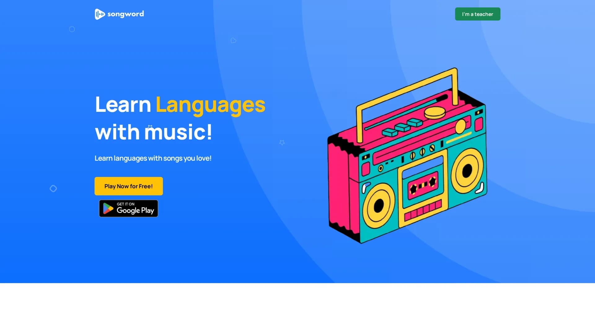 SongWord homepage screenshot — Learn languages through your favorite songs
