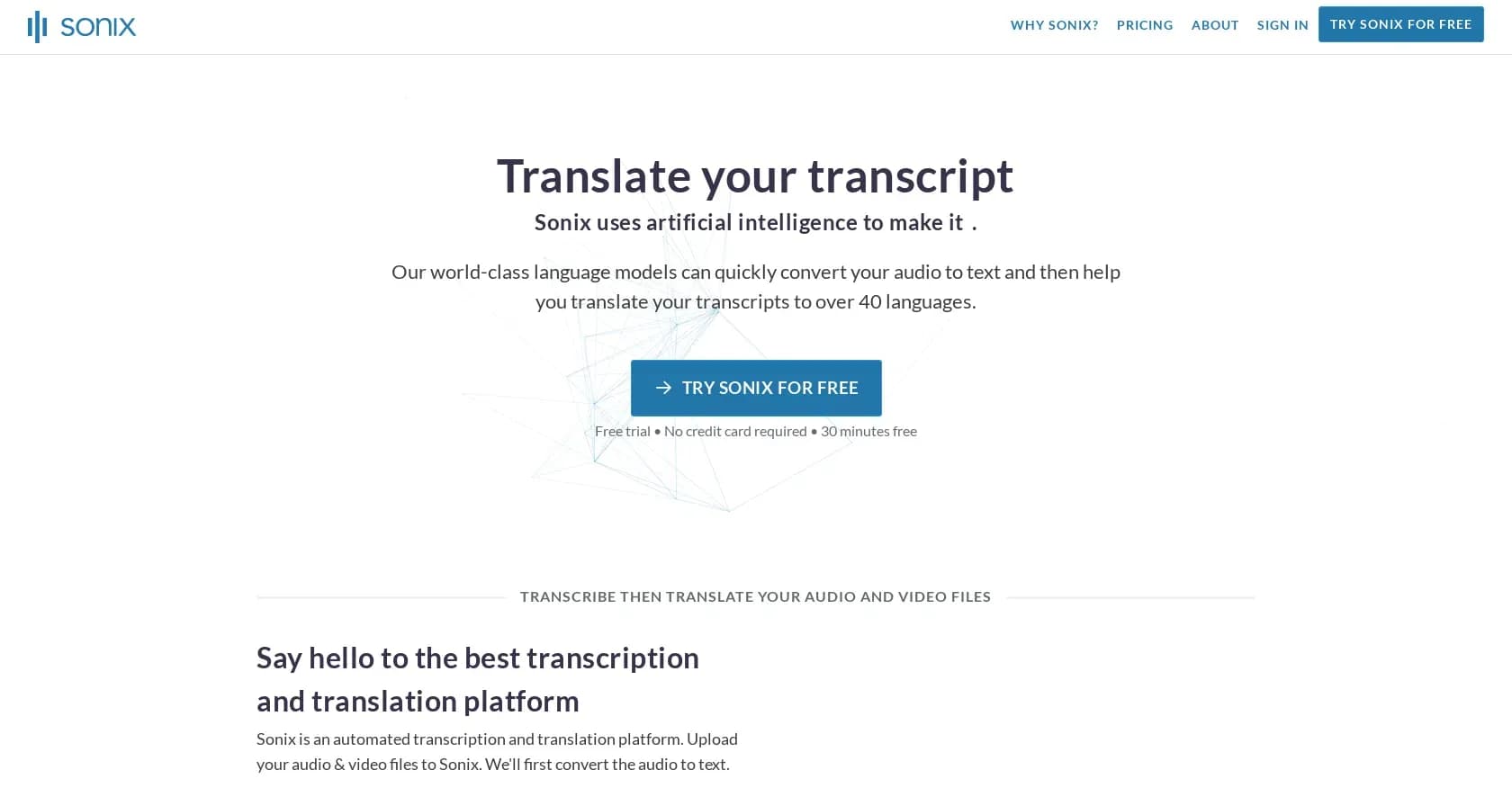Sonix homepage screenshot — AI-powered audio transcription and translation made simple.
