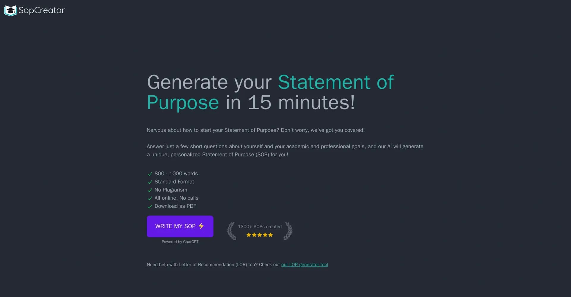 SopCreator homepage screenshot — Generate your Statement of Purpose in 15 minutes