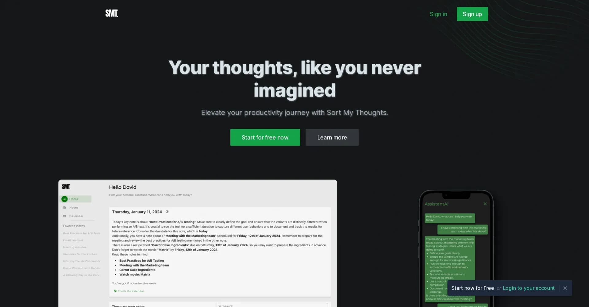 SortMyThoughts homepage screenshot — Elevate productivity by organizing thoughts with AI.